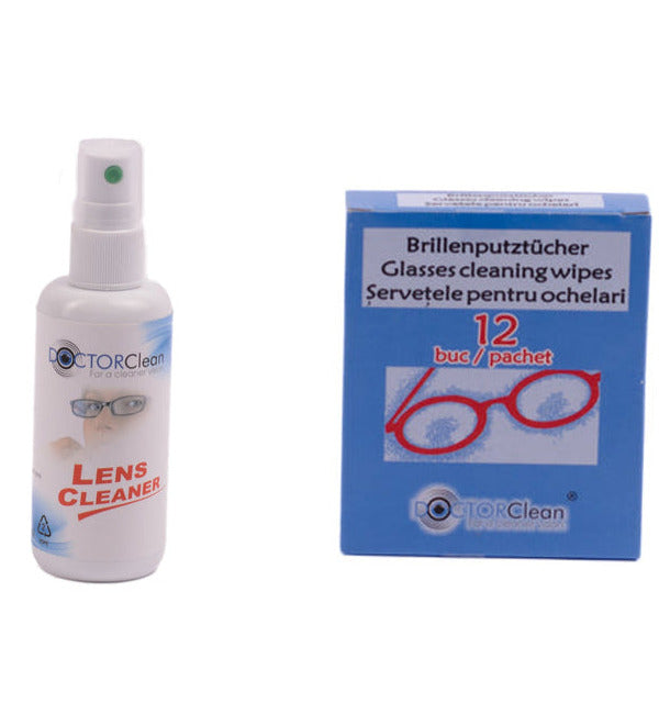 Kit de curatare ochelari - 12 servetele si 100ml solutie curatare, Doctor Clean Kit de curatare ochelari - 12 servetele si 100ml solutie curatare, Doctor Clean